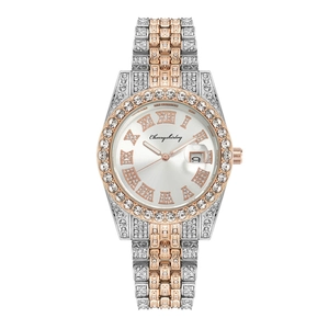 Luxury Rhinestone Encrusted Women Quartz Watch Fashion Steel Band Date Display Roman Numerals Round Dial