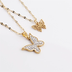 Butterfly Pendant Necklace Double Layered Stainless Steel Rhinestone Enamel Gold Plated Trendy Jewelry For Women