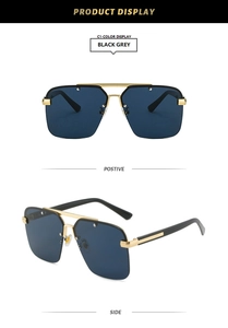 Detail view of half-rim square pilot sunglasses in black and grey with metallic bridge