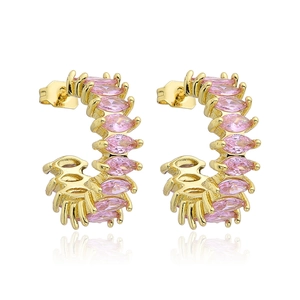 Elegant C-shaped gold-plated copper earrings featuring pink marquise-cut cubic zirconia
