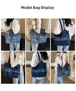 Détail du sac cabas en jean avec broderie 7STREET 6LANE et finitions effilochées
