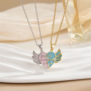 Best Friends heart pendant necklace set with angel wings and colorful rhinestones