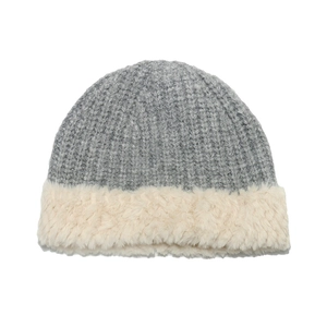 Winter women's gray knit bucket hat with warm faux fur trim and thick plush lining