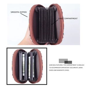 Brown accordion card wallet with smooth zipper showing inner slots and cash storage