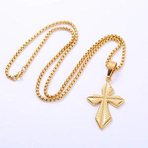 Gold plated stainless steel cross pendant necklace with box chain for men and women