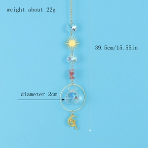 Detail view of crystal sun catcher with gold chain and dimensions 39.5cm in length