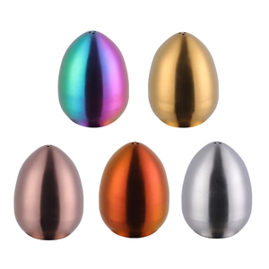 Set of 5 egg-shaped stainless steel spice shakers in multiple metallic colors