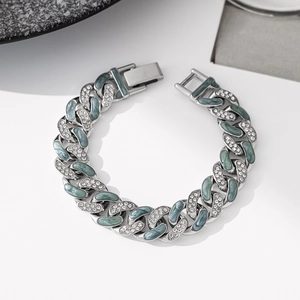 Cuban Link Bracelet Titanium Steel Rhinestone Encrusted Light Blue Enamel Hip Hop Jewelry For Men And Women Fashion