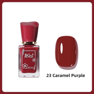 Detail view of 14ml caramel purple nail polish with a circular color swatch on white base