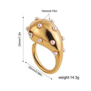 Detailed size chart showing gold droplet ring dimensions with pearl accents