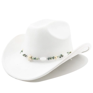 Detail of white suede cowboy hat with turquoise beads and star charm band