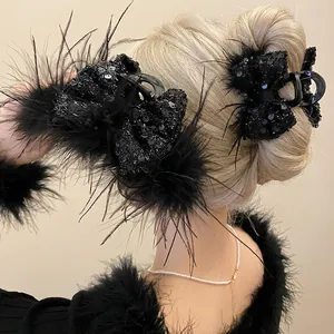 Large Black Hair Claw Clip With Sequin Bowknot And Feather Elegant Party Headpiece For Women