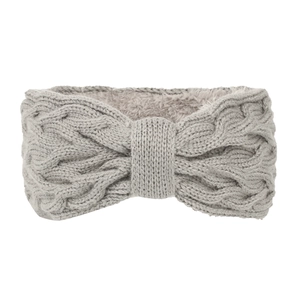 Detail of grey knitted headband with soft fleece lining for autumn and winter warmth