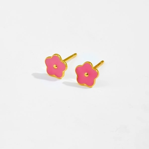 Pink enamel flower stud earrings with gold plating on a clean white background