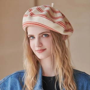 French Style Striped Wool Beret For Women Winter Warm Knitted Beanie Hat Elegant Vintage Painter Hat Contrast Color Cap