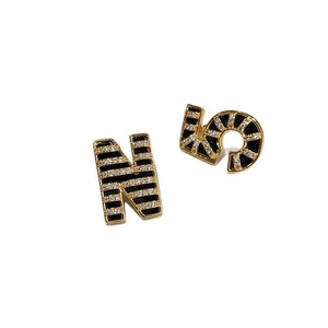 18K gold plated letter N and number 5 stud earrings with enamel stripes and sparkling crystals
