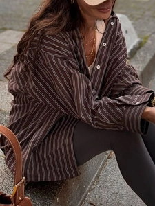 Women's casual plaid long sleeve shirt jacket in brown and white plaid print