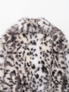 Detailed close-up of fluffy leopard print faux fur texture on gray and black jacket