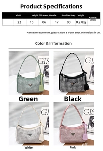 Size chart and color display for rhinestone underarm bag with nylon material details