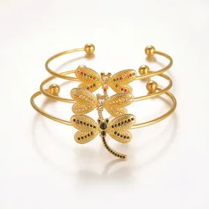 Minimalist Stainless Steel Dragonfly Open Bracelet For Women Gold Plated Inlaid Rhinestone Cuff Bangle Niche Design Jewelry