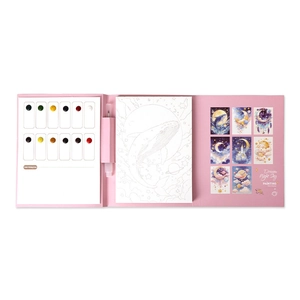 Portable 12-color watercolor painting set with brush and whale themed dream night sky illustrations