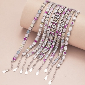 Macro shot of colorful zircon stones on S925 sterling silver bracelets with water drop charms