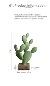 Detailed view of creative resin cactus ornament with matte green finish and size dimensions