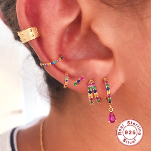 Luxurious S925 sterling silver hoop earrings set with colorful teardrop zircon stones