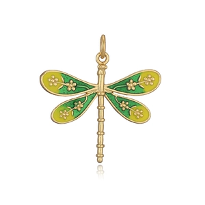 Detailed macro view of a gold dragonfly pendant with green and yellow enamel wings
