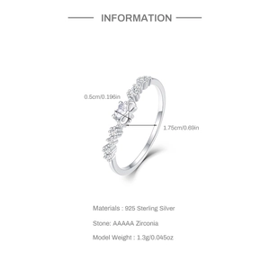Detail view showing S925 sterling silver ring dimensions and AAAAA grade zirconia settings