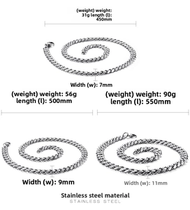 Detailed size comparison of silver stainless steel curb chains in 7mm, 9mm, and 11mm widths