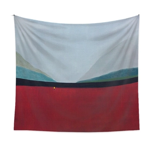 Detail showing natural draping and fabric texture of minimalist abstract landscape tapestry