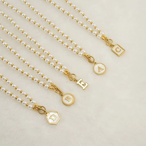 Luxury gold plated pearl chain necklace with various geometric alphabet letter pendants