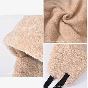 Winter thermal beige plush trapper hat with windproof ear flaps and fleece lining