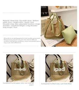 Detail view of green straw tote with dimensions and matching coin purse for women