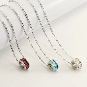 Stainless Steel Pendant Necklace Round Geometric Ring With Colorful Zircon Inlaid Clavicle Chain Jewelry For Women