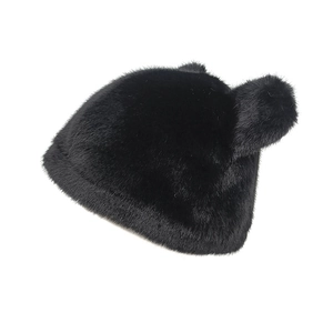 Detailed top view of a black plush winter hat with fluffy faux fur bear ears