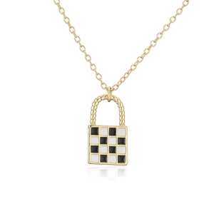 Gold chain necklace with black and white checkerboard square lock pendant design