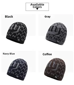 Detailed grid showing winter knit hats in black, grey, navy blue, and coffee colors