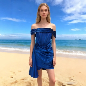Royal Blue Satin Off Shoulder Mini Dress Ruched Bodycon Corset Waist Elegant Party Cocktail Dress Women