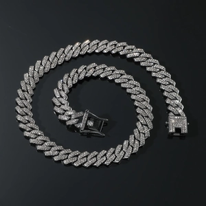 Silver iced out Cuban link necklace with rhinstones in a double row diamond design