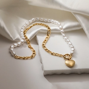 18K gold plated stainless steel heart necklace with baroque pearls on white silk