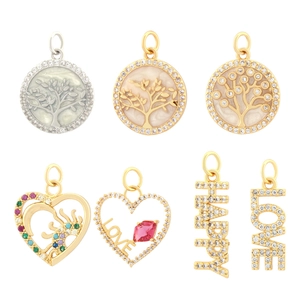 Gold and silver life tree pendants and love heart charms with sparkling zircons set of 7