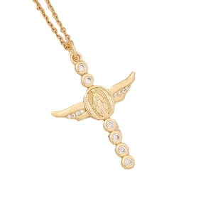 18K gold-plated winged cross necklace with religious relief and micro-inlaid zircon stones