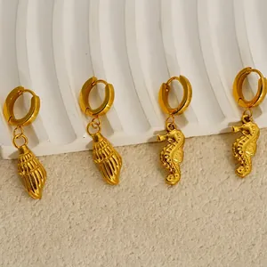 18k gold plated stainless steel hoop earrings with seashell and seahorse charms