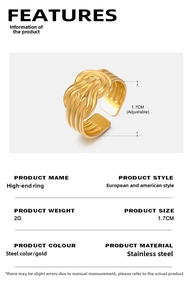 Macro detail of adjustable golden wide-band twisted rope texture stainless steel ring