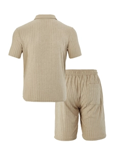 Macro view of men's casual set in khaki showing stripe jacquard towel texture