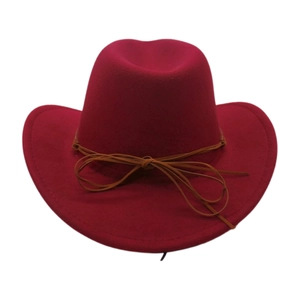 Detail of red wool felt western cowboy hat with brown rope band and decorative bow tie