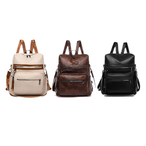 Fashionable faux leather women's backpack in cream, dark brown, and black colors