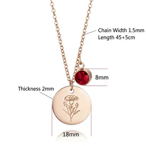 Rose gold stainless steel carnation necklace with red gemstone and size dimensions